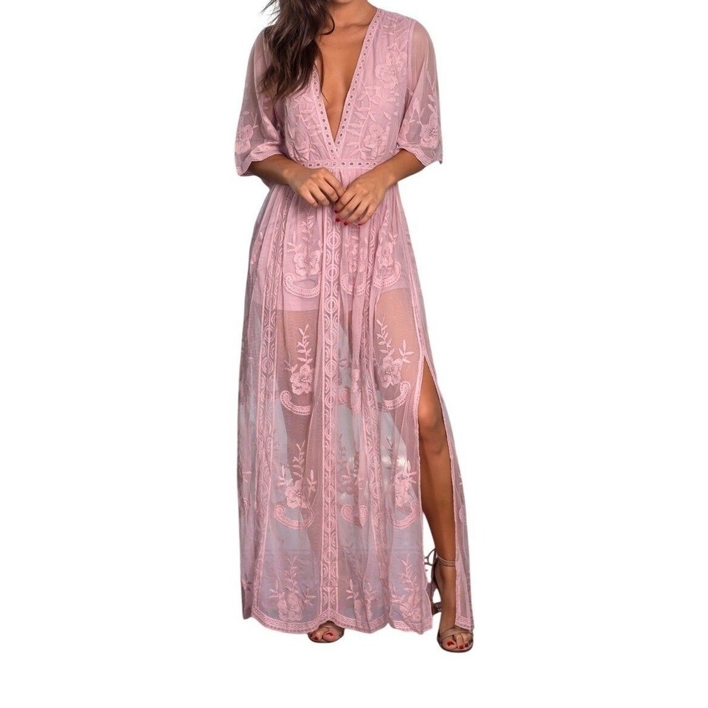 Fairycore Womens Boho Rose Floral Ethereal Lace Maxi Dress Large Festival Luxe